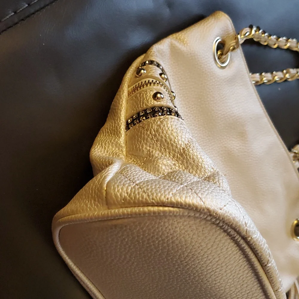 IMOSHION Cream Pearl Tote Bag Purse with Silver STUDDED Accents RHINESTONES
